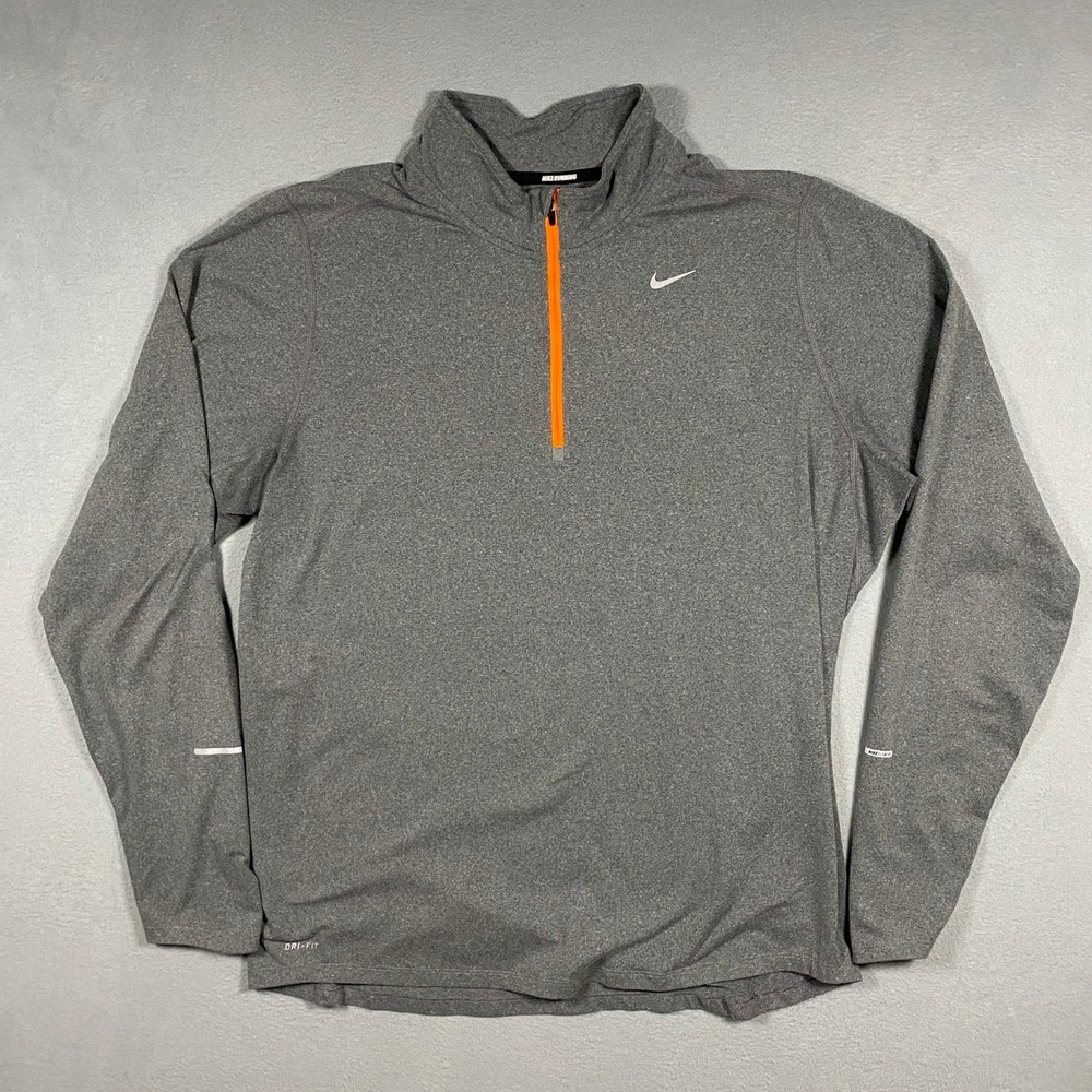 Nike Running 1/4 Zip Mens Large Grey Orange Dri-FIT Reflective Pullover